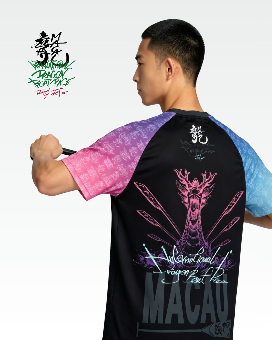 「龍首破浪」黑 - 粉藍撞色龍頭運動短袖